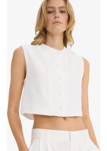 Cropped Fit Bisiklet Yaka Krep Yelek F8112AX25AU indirimleri