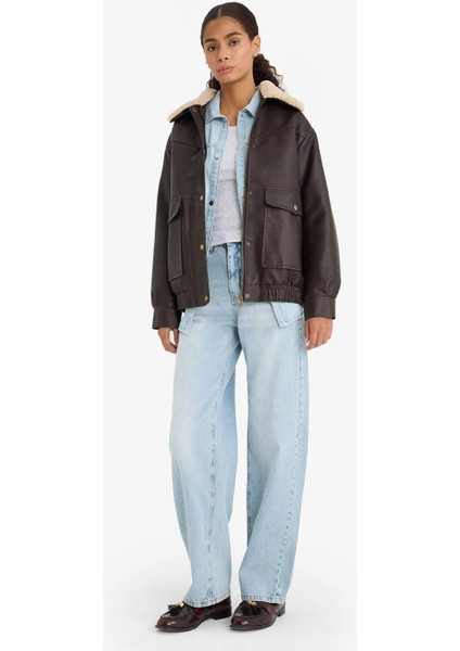 Çıkarılabilir Suni Kürk Yaka Dad Fit Polo Yaka Tafta Suni Deri Mont E8540AX25AU indirimleri