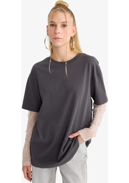 Coool Oversize Geniş Kalıp Bisiklet Yaka Dantel Detaylı Uzun Kollu Tişört E7605AX25AU indirimleri