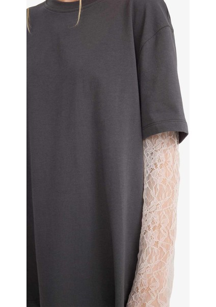 Coool Oversize Geniş Kalıp Bisiklet Yaka Dantel Detaylı Uzun Kollu Tişört E7605AX25AU