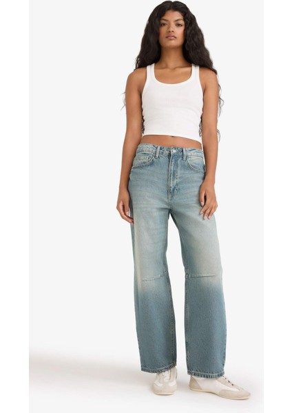 Barrel Fit Yüksek Bel Bilek Boy Jean Yıkamalı Pantolon