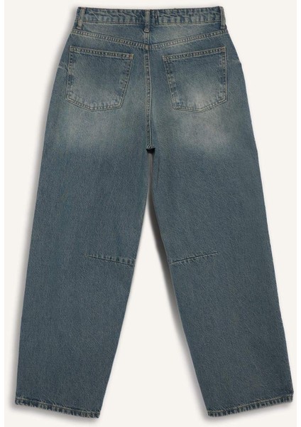 Barrel Fit Yüksek Bel Bilek Boy Jean Yıkamalı Pantolon
