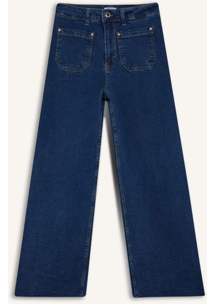 Kısa Geniş Paça Yüksek Bel Bilek Boy Jean Yıkamalı Pantolon F7804AX25AU indirimleri