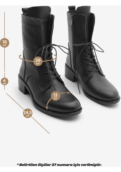 Kadın Hakiki Deri Postal Bot Bağcıklı Fermuarlı Klasik Günlük Bot Mek Siyah