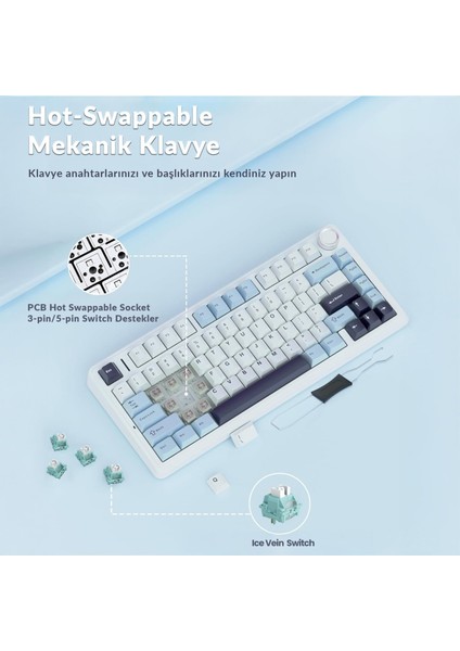 F75 Mekanik Rgb Tkl Ice Vein Switch Kablosuz Makrolu Hot Swap Klavye Lacivert
