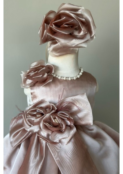 Özel Tasarım Kız Çocuk Elbise, Çiçek ve Inci Detaylı, Fiyonklu, Saç AKSESUARLI_M1125