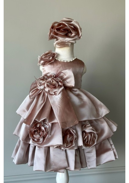 Özel Tasarım Kız Çocuk Elbise, Çiçek ve Inci Detaylı, Fiyonklu, Saç AKSESUARLI_M1125 modelleri