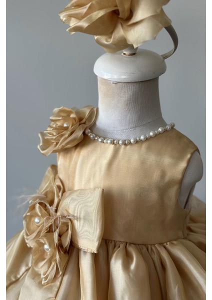 Özel Tasarım Kız Çocuk Elbise, Çiçek ve Inci Detaylı, Fiyonklu, Saç AKSESUARLI_M1125