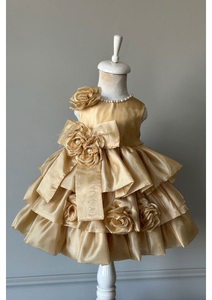 Özel Tasarım Kız Çocuk Elbise, Çiçek ve Inci Detaylı, Fiyonklu, Saç AKSESUARLI_M1125 fiyatları