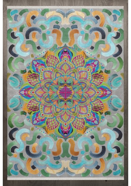 Geometrik Yeşil Pamuk Dikdörtgen Modern Desenli Pamuk Makinada Yıkanabilir Hav Toz Vermez Leke Tutmayan Kaymaz Taban Dijital Makine Baskı Salon Yolluk Mutfak Halı