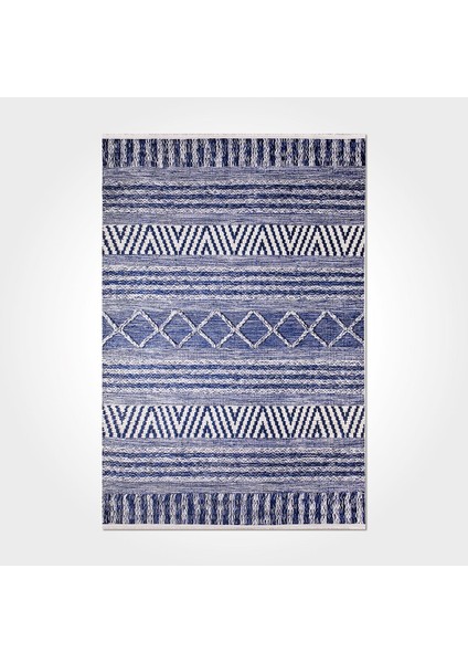 Daniella Geometrik Mavi Polyester Dikdörtgen Modern Desenli Pamuk Makinada Yıkanabilir Hav Toz Vermez Leke Tutmayan Kaymaz Taban Dijital Makine Baskı Salon Yolluk Mutfak Halı