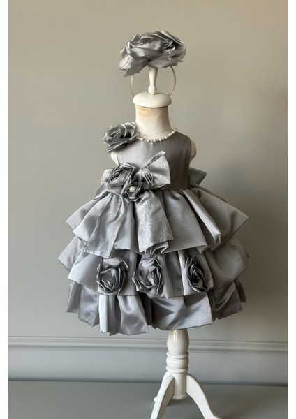 Özel Tasarım Kız Çocuk Elbise, Çiçek ve Inci Detaylı, Fiyonklu, Saç AKSESUARLI_M1125