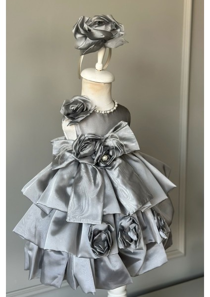 Özel Tasarım Kız Çocuk Elbise, Çiçek ve Inci Detaylı, Fiyonklu, Saç AKSESUARLI_M1125 fiyatları