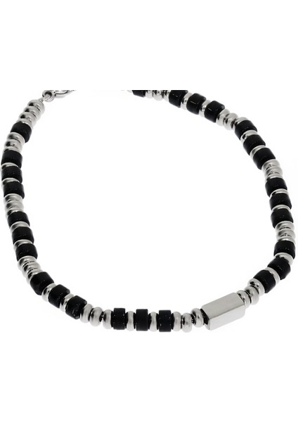 Erkek Siyah Boncuk Detay Çelik Bileklik