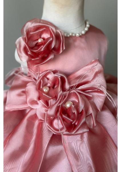 Özel Tasarım Kız Çocuk Elbise, Çiçek ve Inci Detaylı, Fiyonklu, Saç AKSESUARLI_M1125