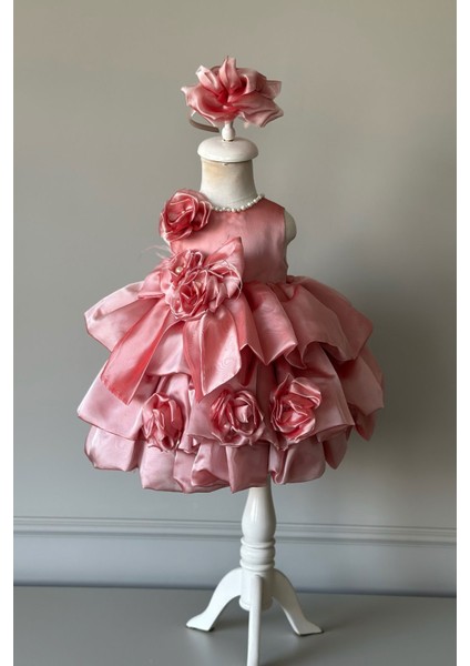 Özel Tasarım Kız Çocuk Elbise, Çiçek ve Inci Detaylı, Fiyonklu, Saç AKSESUARLI_M1125 modelleri