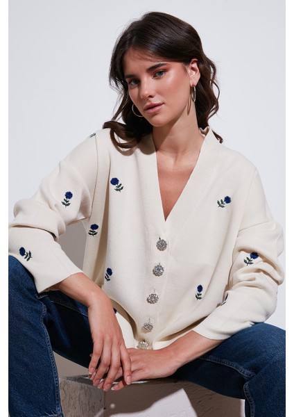 Oversize Fit Desenli V Yaka Triko Hırka Bayan Hırka 4616193