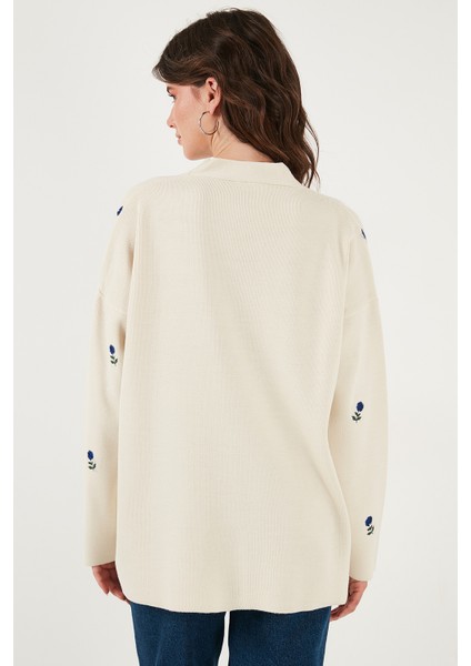 Oversize Fit Desenli V Yaka Triko Hırka Bayan Hırka 4616193