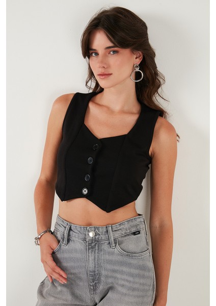 Slim Fit Kalp Yaka Düğmeli Kalın Askılı Crop Yelek Bayan Yelek 5865497