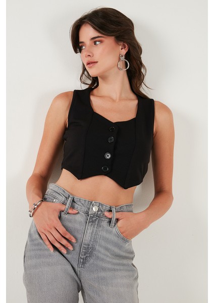 Slim Fit Kalp Yaka Düğmeli Kalın Askılı Crop Yelek Bayan Yelek 5865497 modelleri