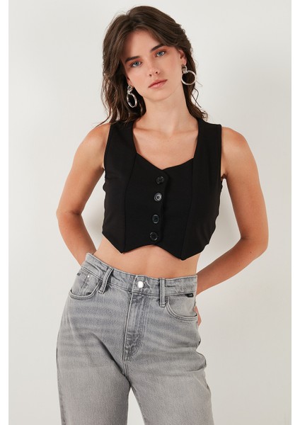 Slim Fit Kalp Yaka Düğmeli Kalın Askılı Crop Yelek Bayan Yelek 5865497 fırsatları