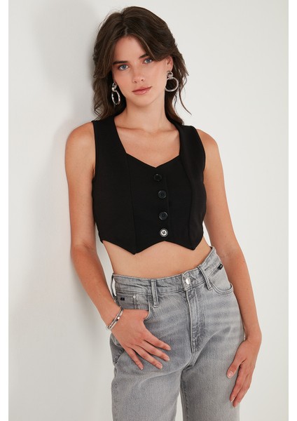 Slim Fit Kalp Yaka Düğmeli Kalın Askılı Crop Yelek Bayan Yelek 5865497 indirimleri