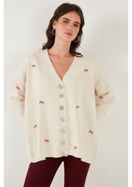 Oversize Fit Desenli V Yaka Triko Hırka Bayan Hırka 4616193