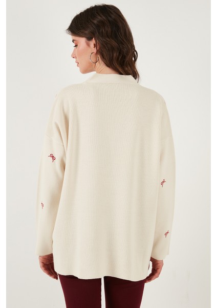 Oversize Fit Desenli V Yaka Triko Hırka Bayan Hırka 4616193