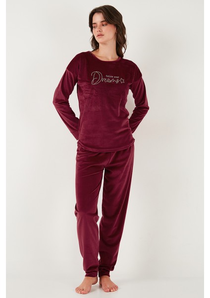 Standart Fit Bisiklet Yaka Yumuşak Kadife Pijama Takımı Bayan Pijama Takımı 6094202