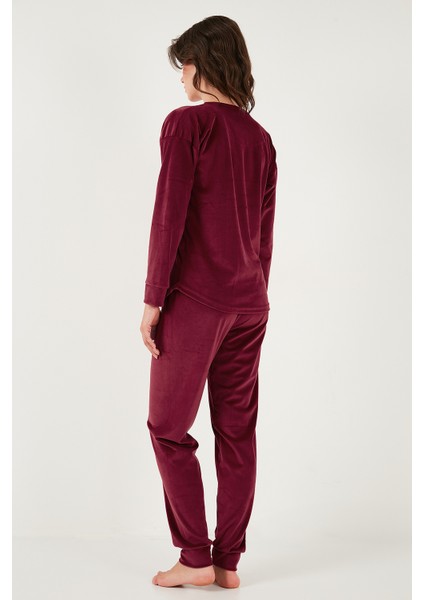 Standart Fit Bisiklet Yaka Yumuşak Kadife Pijama Takımı Bayan Pijama Takımı 6094202