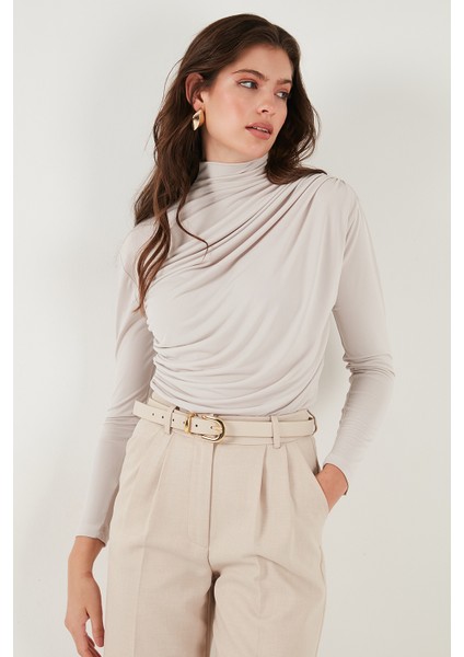 Streç Büzgü Detaylı Slim Fit Dik Yaka Bluz Bayan Bluz 669925