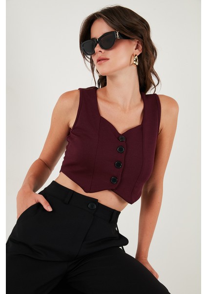 Slim Fit Kalp Yaka Düğmeli Kalın Askılı Crop Yelek Bayan Yelek 5865497