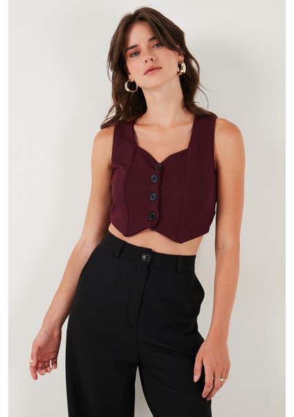 Slim Fit Kalp Yaka Düğmeli Kalın Askılı Crop Yelek Bayan Yelek 5865497 modelleri