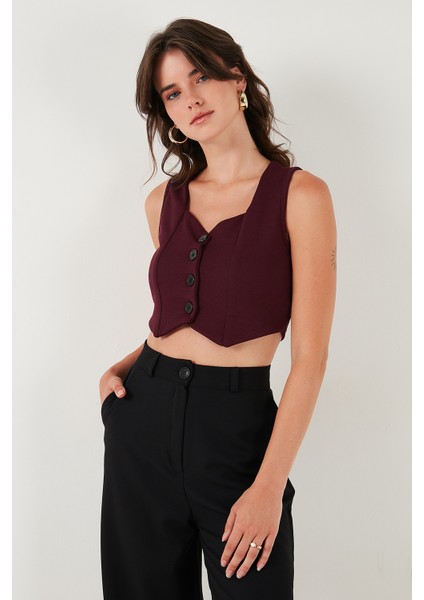 Slim Fit Kalp Yaka Düğmeli Kalın Askılı Crop Yelek Bayan Yelek 5865497 indirimleri