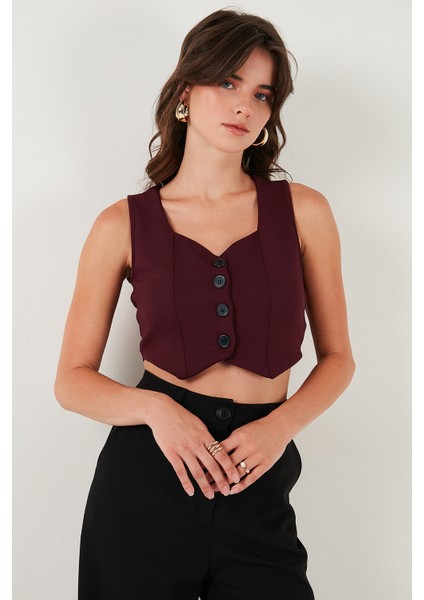 Slim Fit Kalp Yaka Düğmeli Kalın Askılı Crop Yelek Bayan Yelek 5865497