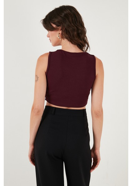 Slim Fit Kalp Yaka Düğmeli Kalın Askılı Crop Yelek Bayan Yelek 5865497