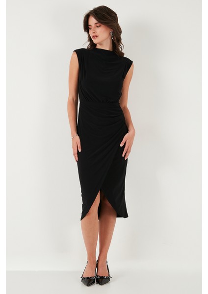 Drape ve Yırtmaç Detaylı Sıfır Yaka Kolsuz Midi Boy Elbise Bayan Elbise 611EL694 modelleri