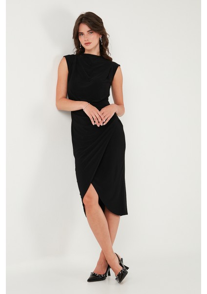 Drape ve Yırtmaç Detaylı Sıfır Yaka Kolsuz Midi Boy Elbise Bayan Elbise 611EL694