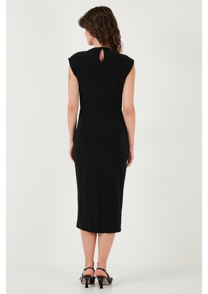 Drape ve Yırtmaç Detaylı Sıfır Yaka Kolsuz Midi Boy Elbise Bayan Elbise 611EL694