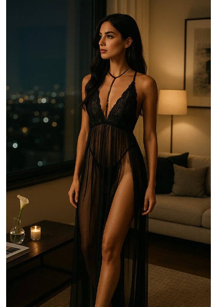 Dantel Detaylı Uzun Gecelik V2500