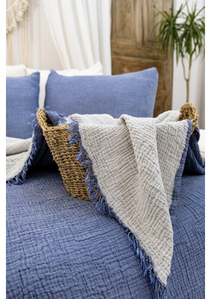 HB&Victory Müslin %100 Pamuk 4 Katlı Yatak Örtüsü İndigo Renk Tek Kişilik 160X230 Cm.