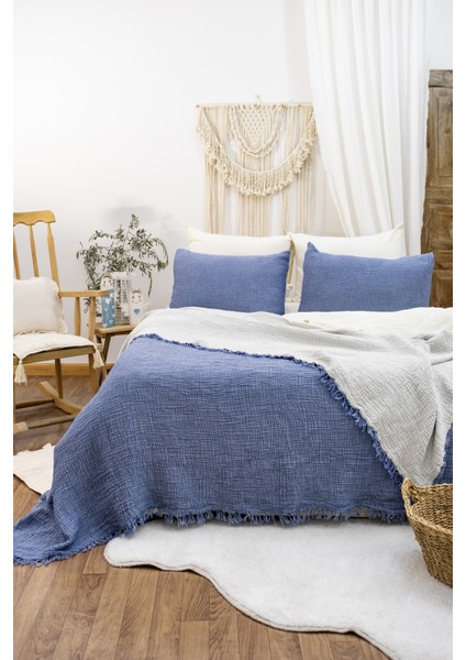 HB&Victory Müslin %100 Pamuk 4 Katlı Yatak Örtüsü İndigo Renk Tek Kişilik 160X230 Cm.