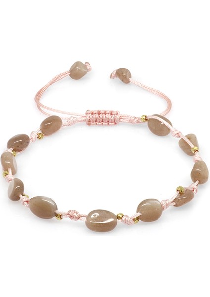 Makrome Örgülü Naturel Kesim Dorika Top Detaylı Güneş Taşı Doğaltaş Kadın Bileklik