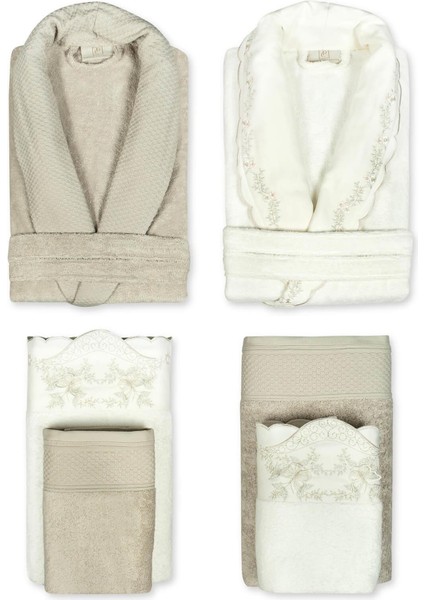 6 Parça Lena Bambu 3 Boyutlu Nakışlı Bornoz Seti - Ekru-Keten