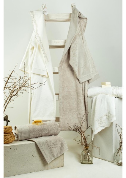 6 Parça Lena Bambu 3 Boyutlu Nakışlı Bornoz Seti - Ekru-Keten fiyatları