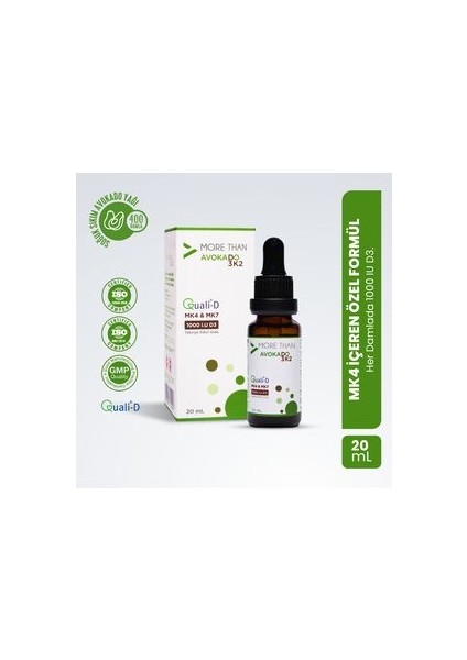 Avokado D3K2 20 ml - 1000 IU Vitamin D3 ve K2 MK4 MK7 İçeren Avokado Yağı Takviye Edici Gıda modelleri