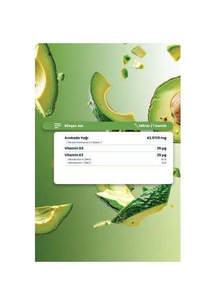 Avokado D3K2 20 ml - 1000 IU Vitamin D3 ve K2 MK4 MK7 İçeren Avokado Yağı Takviye Edici Gıda fırsatları