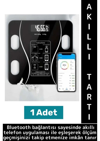 Premium Yağ Kas Su Kemik Ölçümü 180 kg Kapasite Bluetooth Kontrollü Dijital LCD Ekran Akıllı Tartı