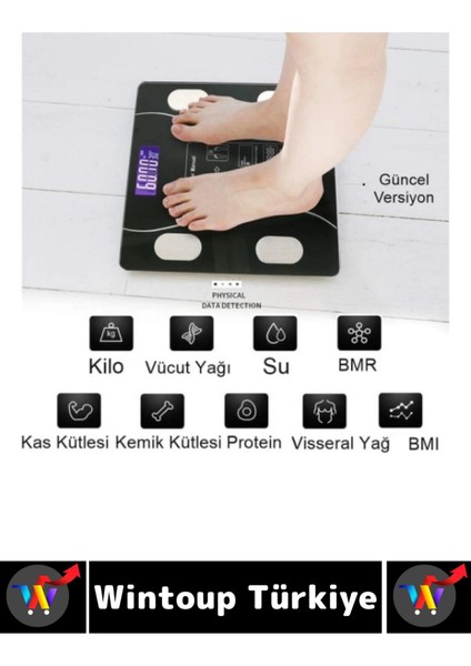 Premium Yağ Kas Su Kemik Ölçümü 180 kg Kapasite Bluetooth Kontrollü Dijital LCD Ekran Akıllı Tartı fiyatları