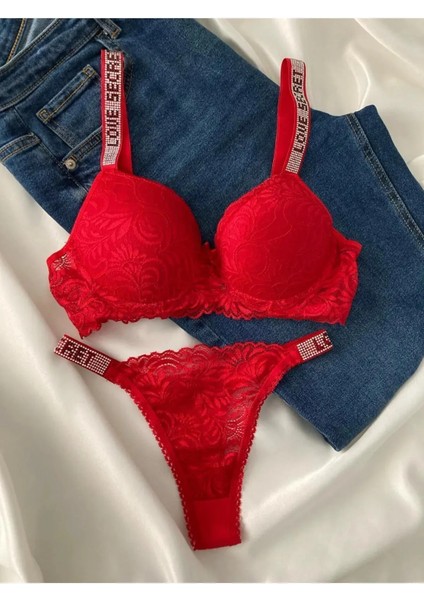 Kadın Kırmızı Dantelli Taşlı Balenli Destekli Dolgulu Push Up Sütyen Takımı Iç Çamaşırı Takımı